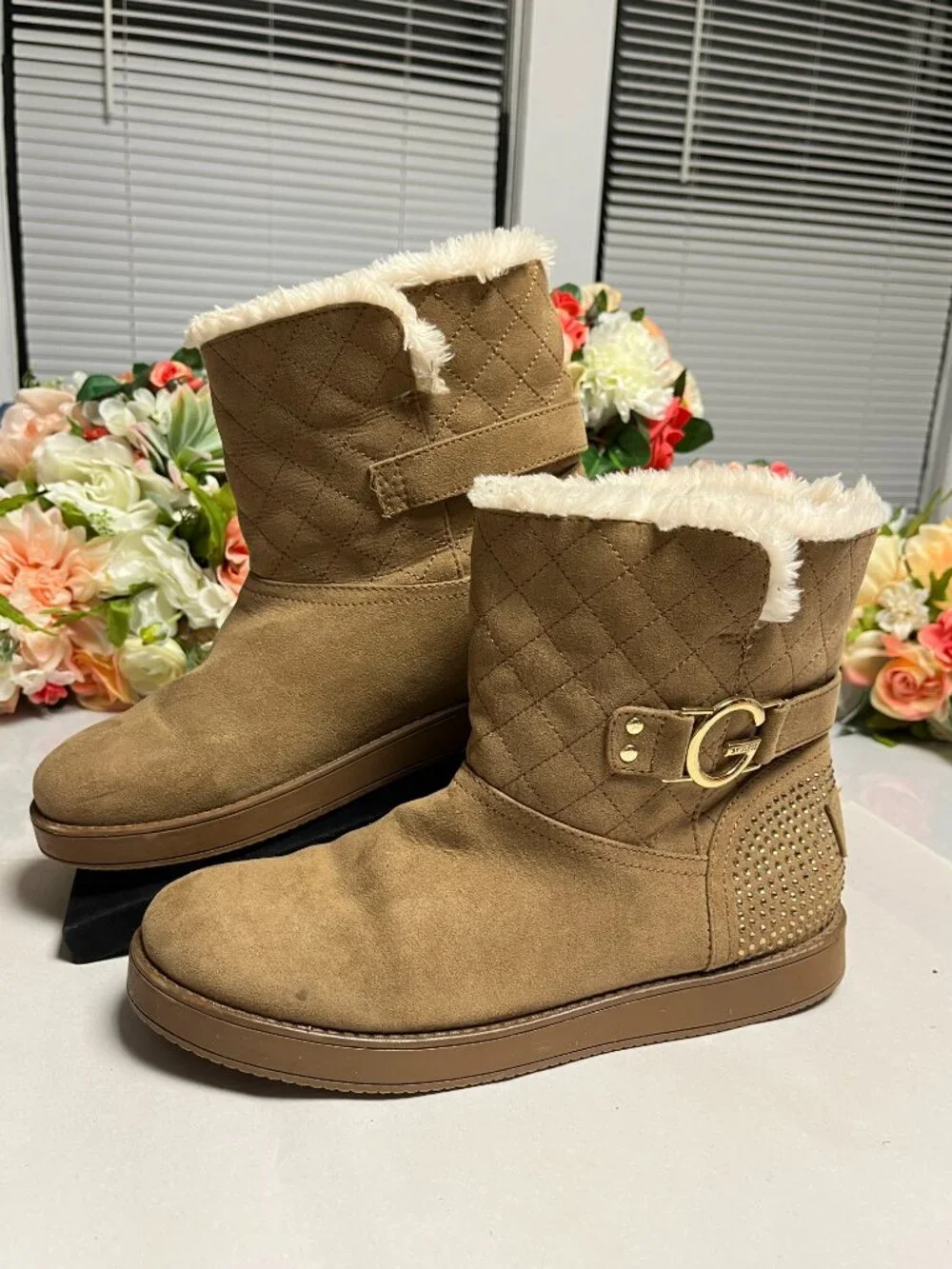 G by Guess Tan Faux Fur Quilted Boots Rhinestone Buckle Size M8